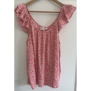 GAP Pink Floral Flutter Ruffle Sleeve Scoop Neck Summer Blouse Top Women's MED
